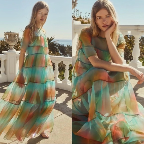 staud hyacinth tiered organza dress Staud Dresses | Staud Hyacinth Dress In Citrus Kaleidoscope | Color: Pink/Yellow